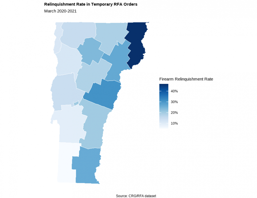 Map of Vermont showing relinquishment rates